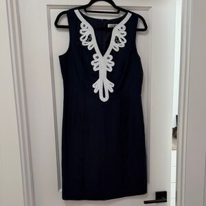 Eliza J Navy Shift Dress with White Embroidered V-Front